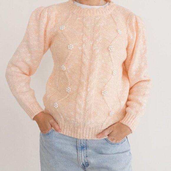 Sweaters - Vintage Spice Of Life Peach Knit w Beaded Pearls Cable Knit Sweater L
